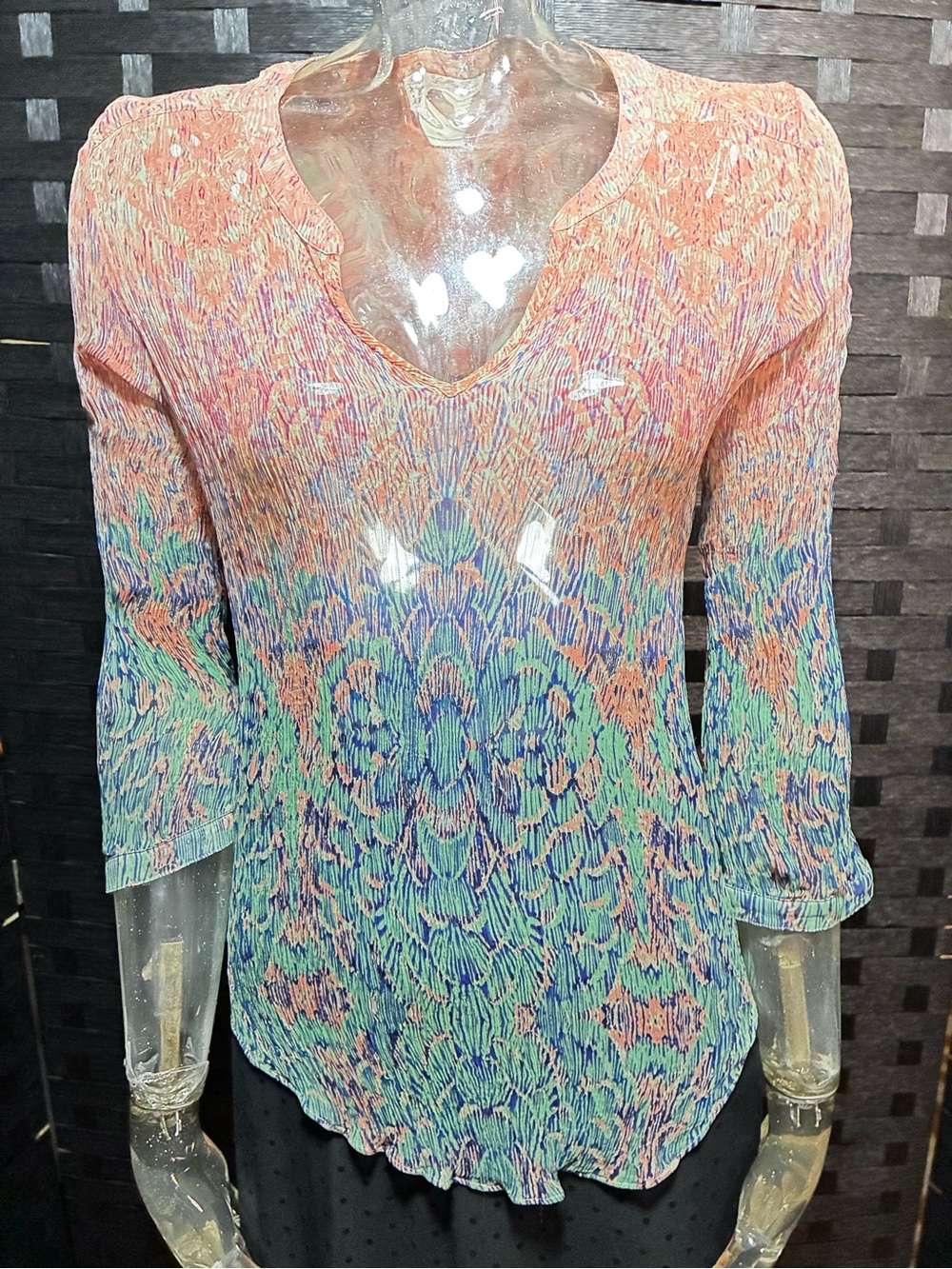 Lucky Brand Multicolor V-Neck Crinkle Blouse - Coral, Blue, Mint